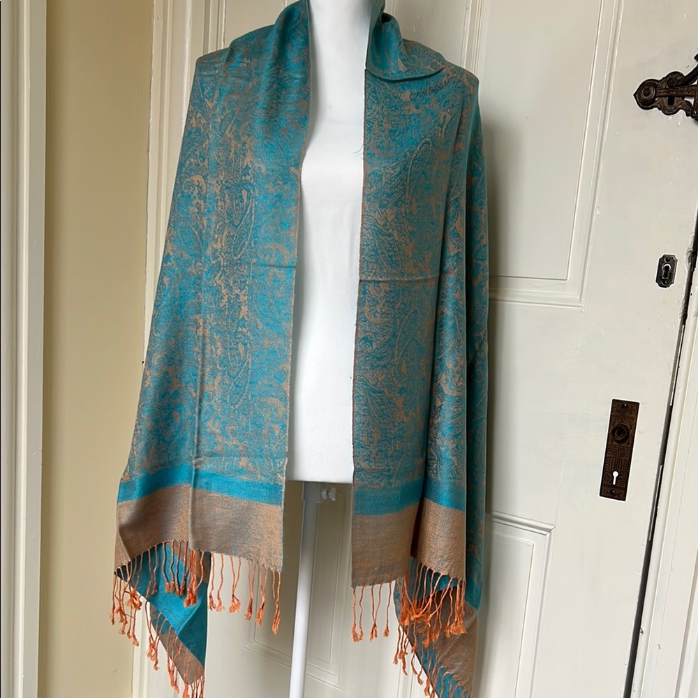 NWOT Teal and Tangerine Orange Silk Pashmina Shawl - Picture 2 of 7
